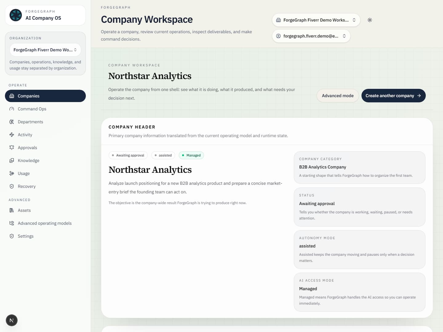 Overview of the ForgeGraph company workspace in the fictional Northstar Analytics demo.